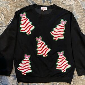 Festive Black Pullover with Red and White Chenille Tree Design